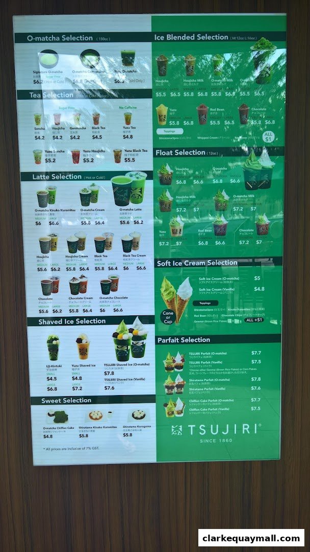 A menu board for TSUJIRI The Central Store, featuring matcha and other Japanese desserts and drinks.