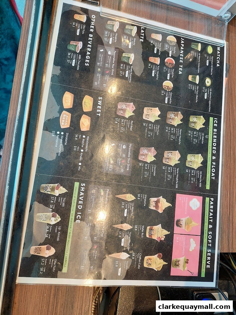 A menu for TSUJIRI The Central Store featuring matcha, Japanese tea, lattes, sweets, shaved ice, and parfaits.