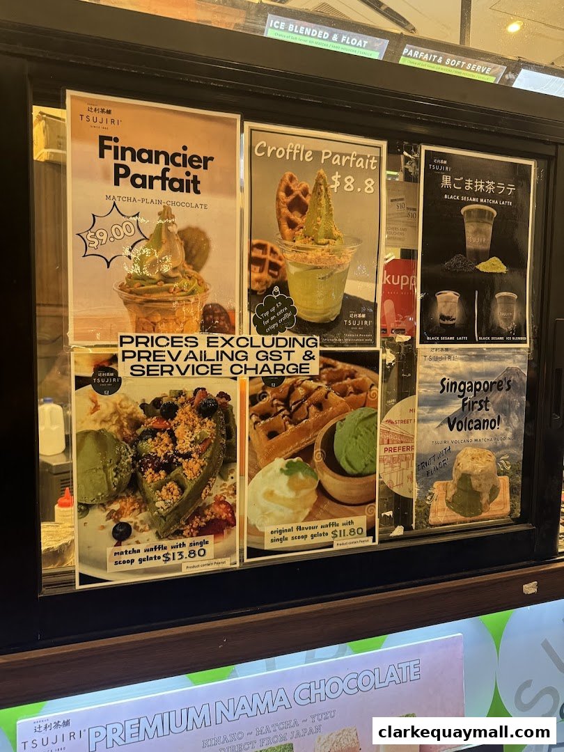 A display of various matcha-based desserts and drinks from TSUJIRI.