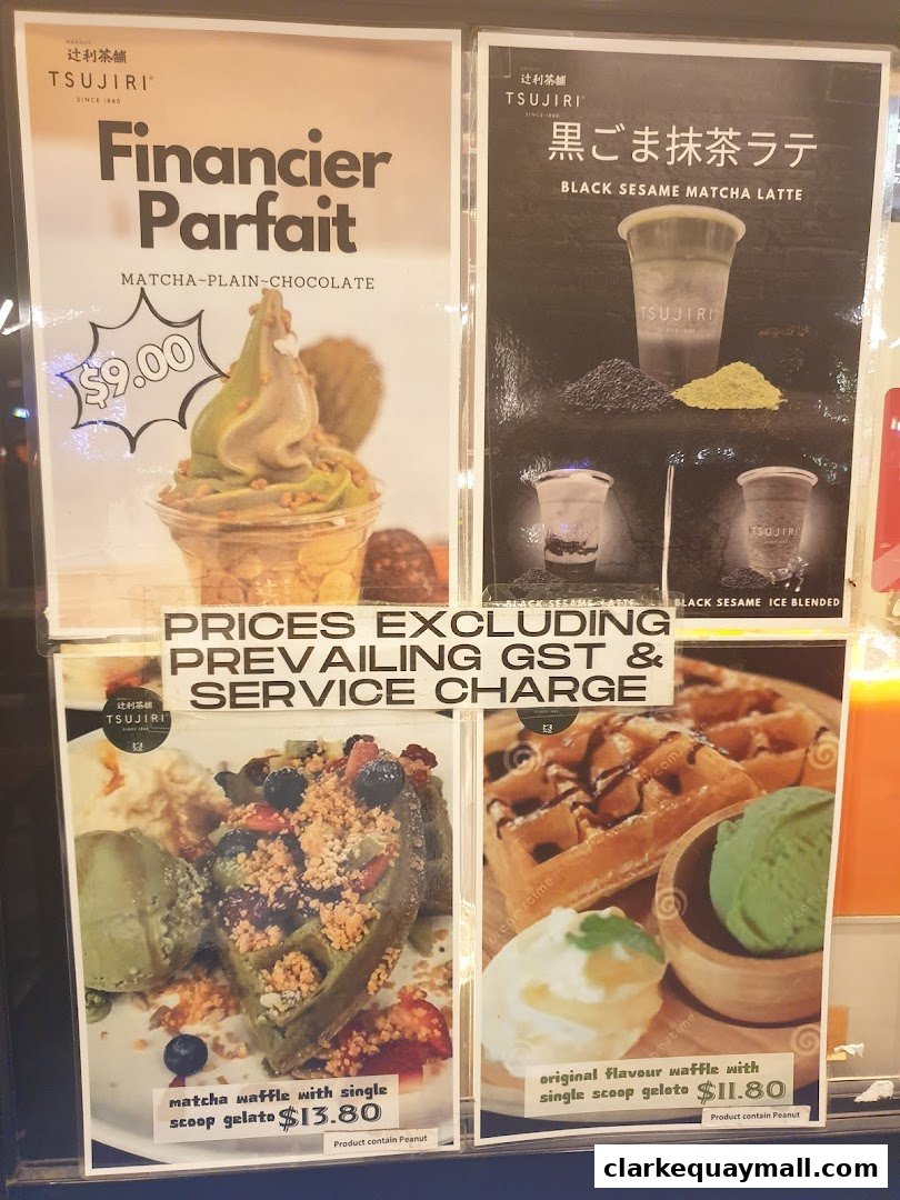 A display of four dessert items from TSUJIRI, including parfait, latte, and waffles with gelato.