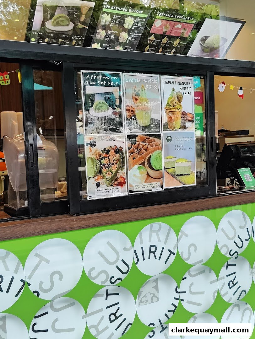 A display of various matcha desserts and drinks offered at TSUJIRI The Central Store.