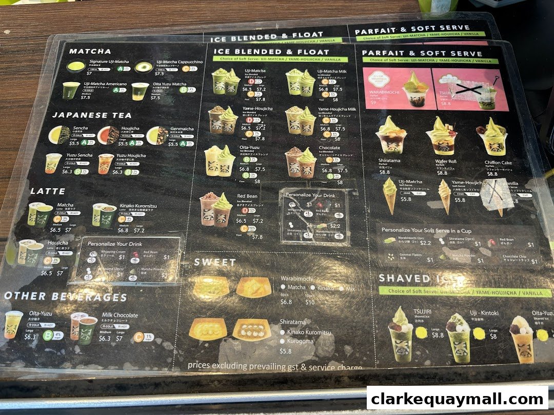 A menu displaying various matcha, Japanese tea, latte, and dessert items with prices.
