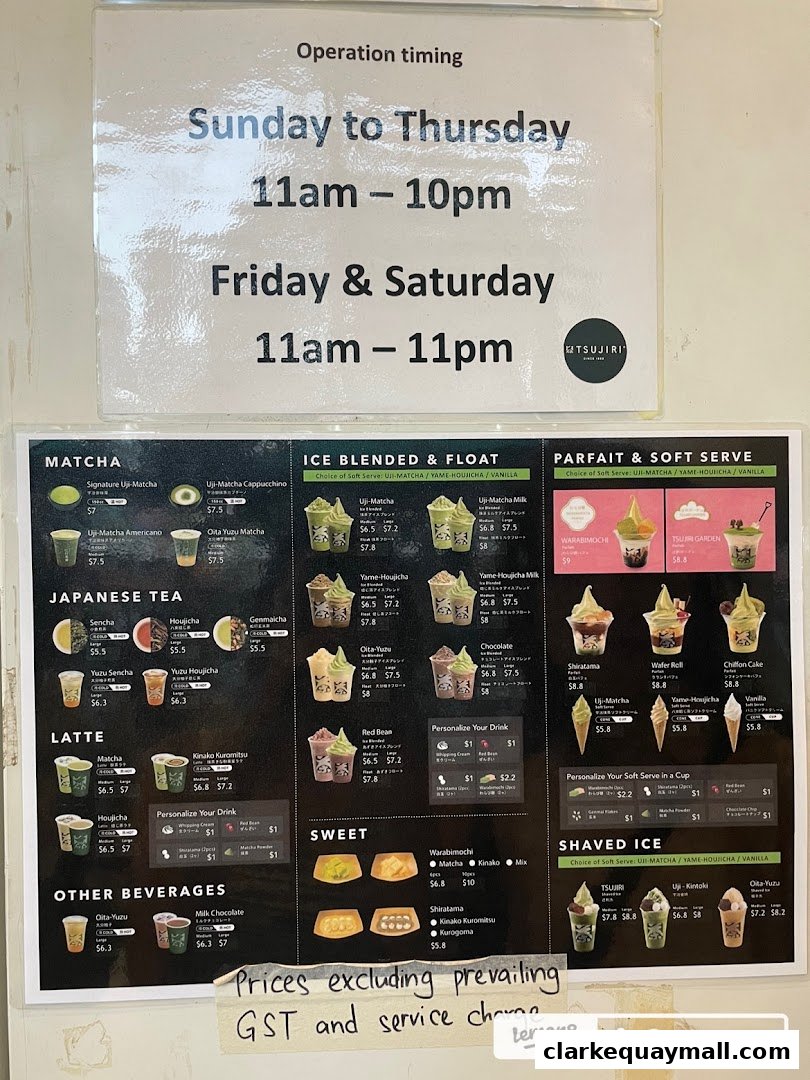 A menu board displaying various matcha-based drinks, teas, parfaits, and desserts with prices.