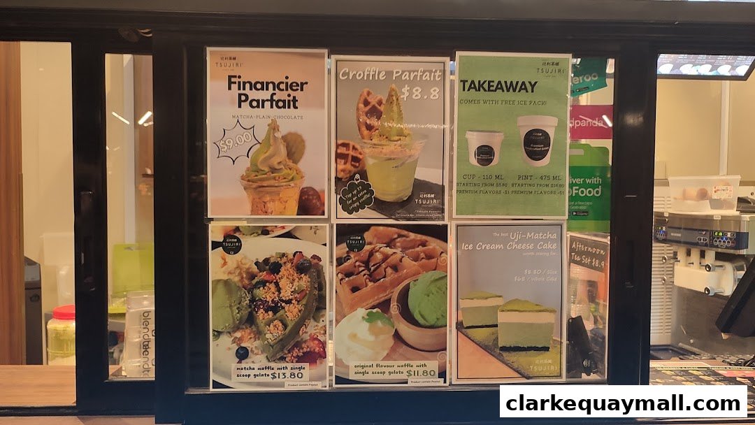 A display of various matcha desserts and treats offered at TSUJIRI The Central Store.