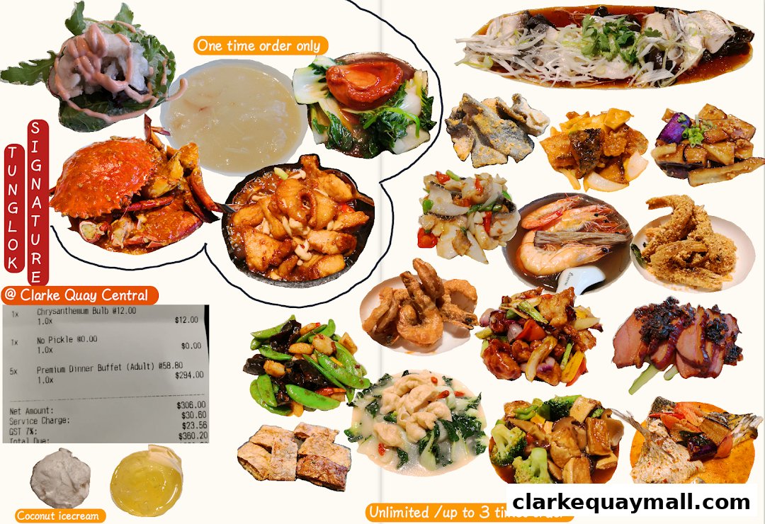 A collage of various Chinese dishes and a receipt from TungLok Signatures.