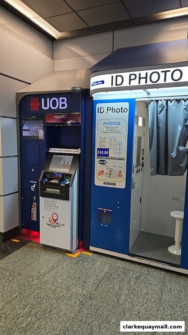 A UOB ATM and an ID photo booth are side-by-side in a modern setting.
