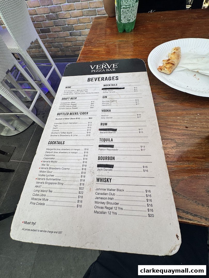 A menu from Verve Pizza Bar lists various beverages including wine, draft beer, cocktails, and spirits.