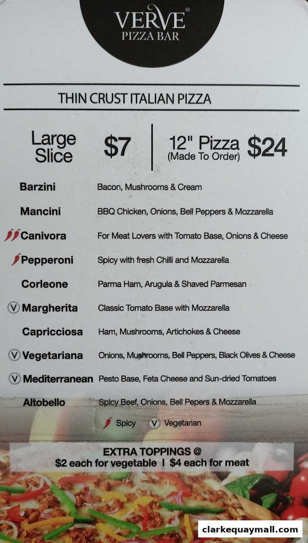 A menu for Verve Pizza Bar featuring thin crust Italian pizzas with various toppings and prices.