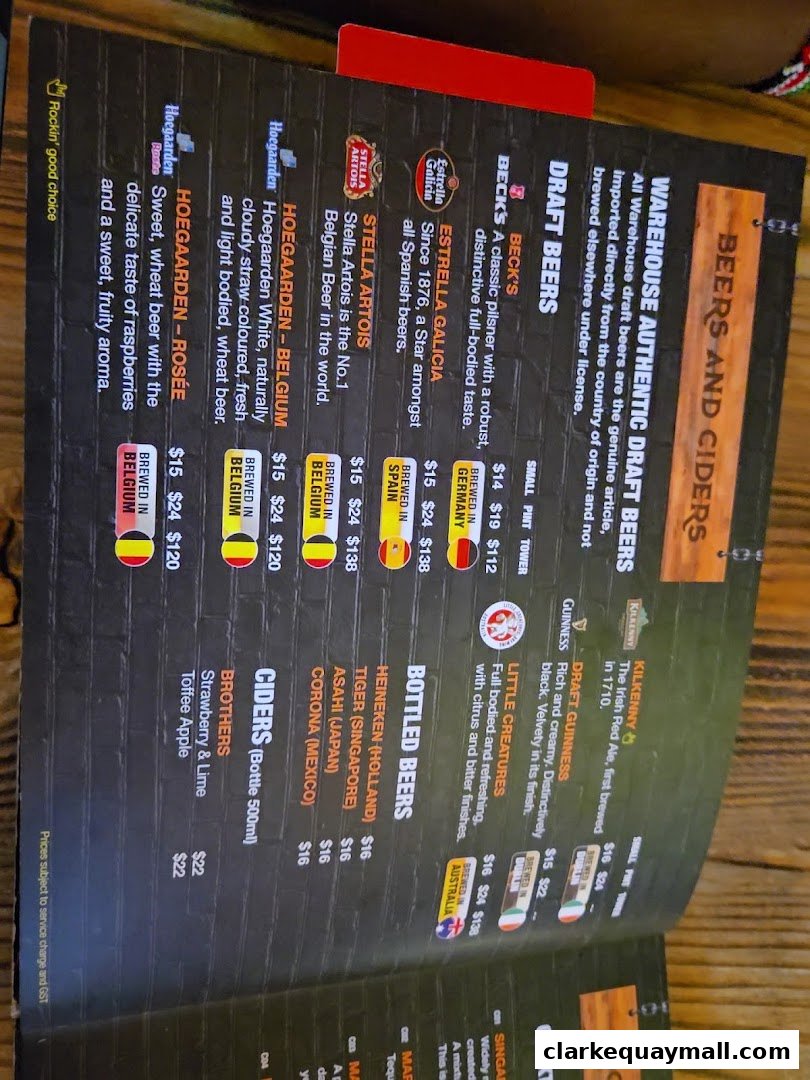 A menu featuring a wide selection of draft beers, bottled beers, and ciders with prices.