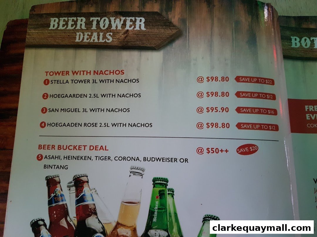 A menu board displaying beer tower and beer bucket deals with prices and savings.