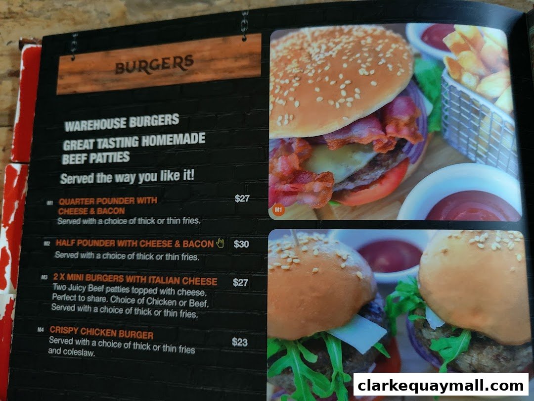 A menu page showcasing delicious burgers with accompanying images and prices.