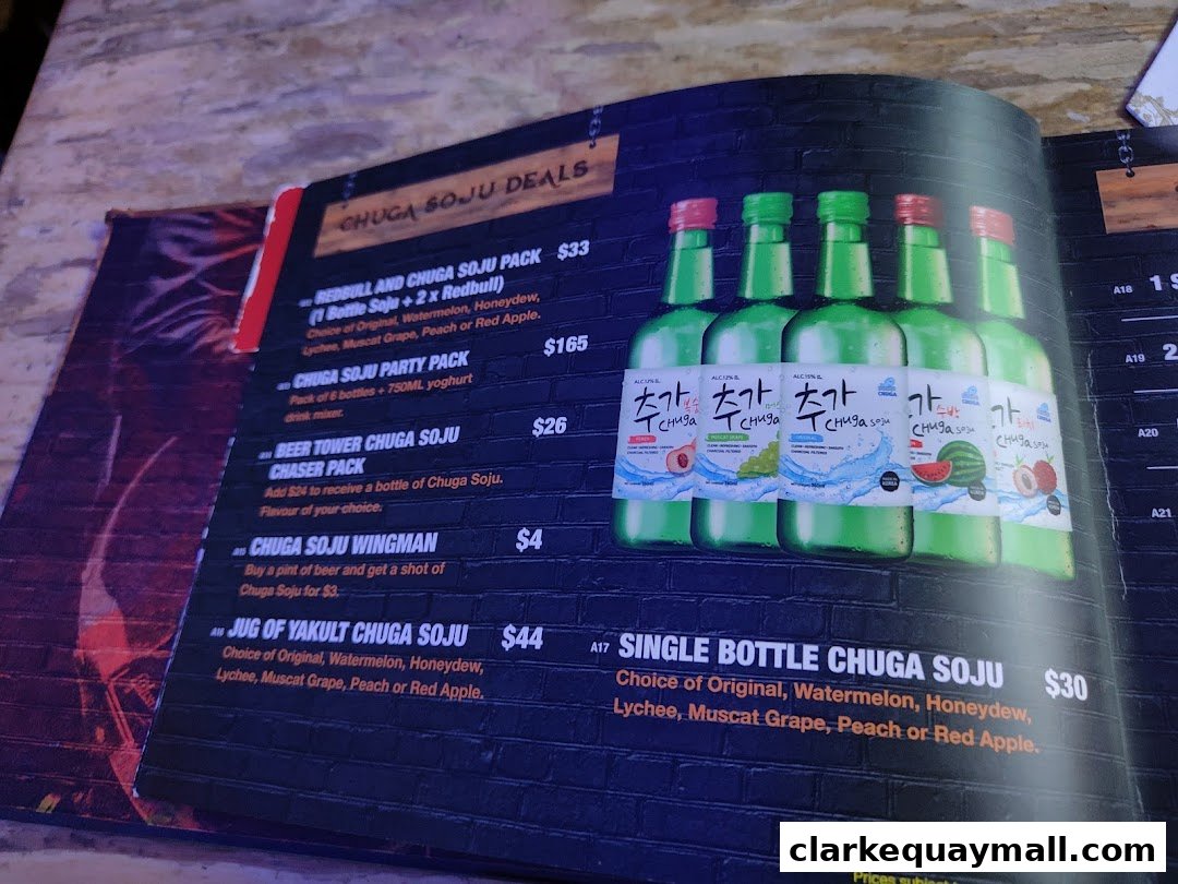 A menu featuring various Chuga Soju deals and single bottle options with prices.