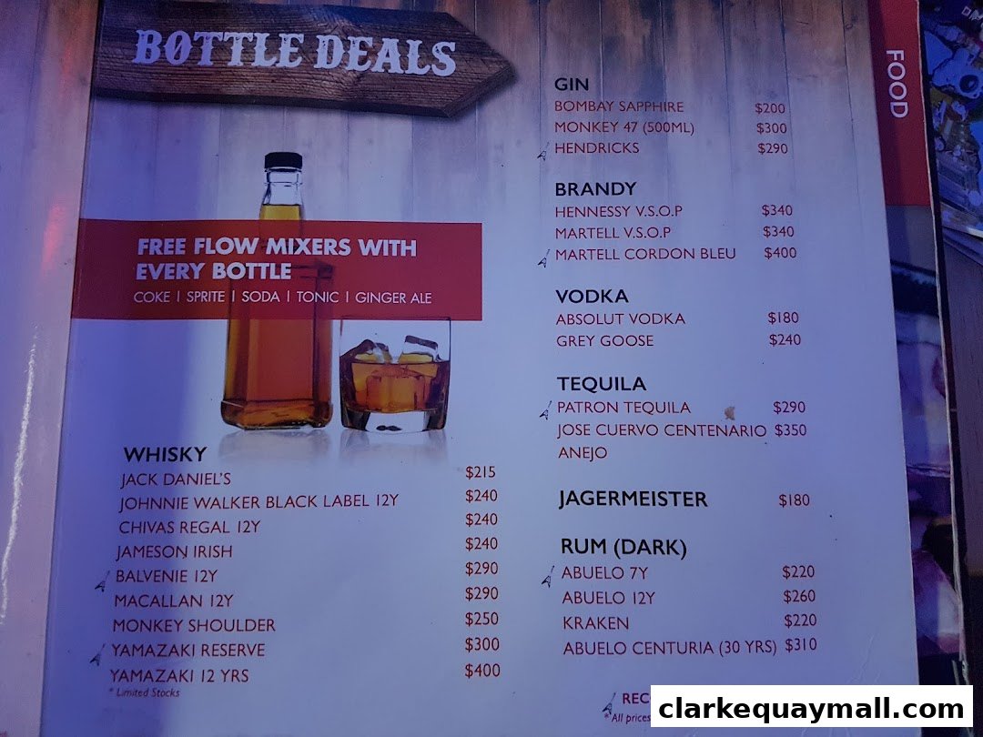 A menu featuring bottle deals for various spirits like whisky, gin, vodka, and rum.