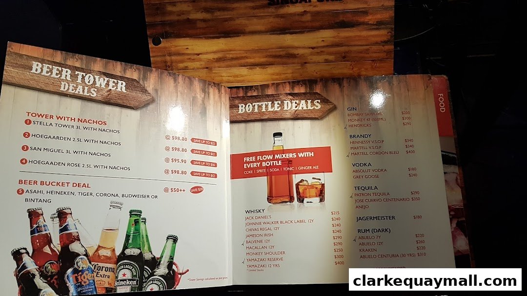 A menu featuring beer tower deals, bottle deals, and various spirits with prices.