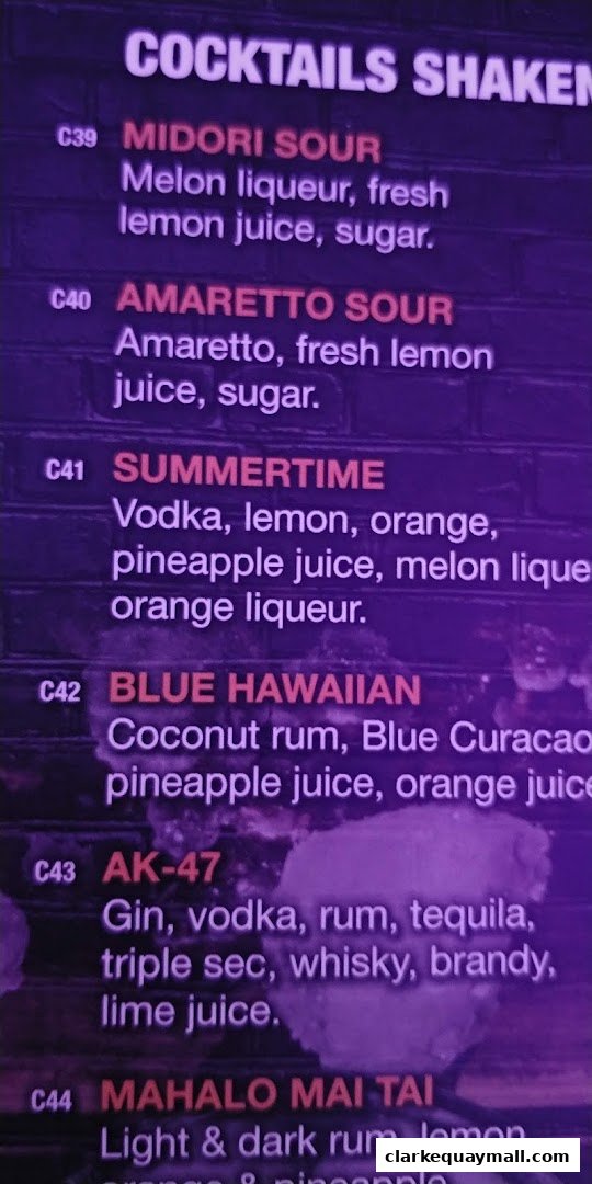 A menu displaying various cocktails with their ingredients.