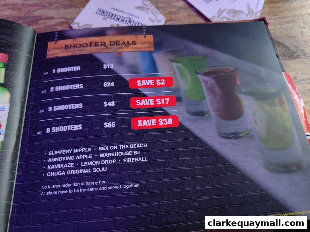 A menu page showcasing shooter deals with various shot combinations and prices.