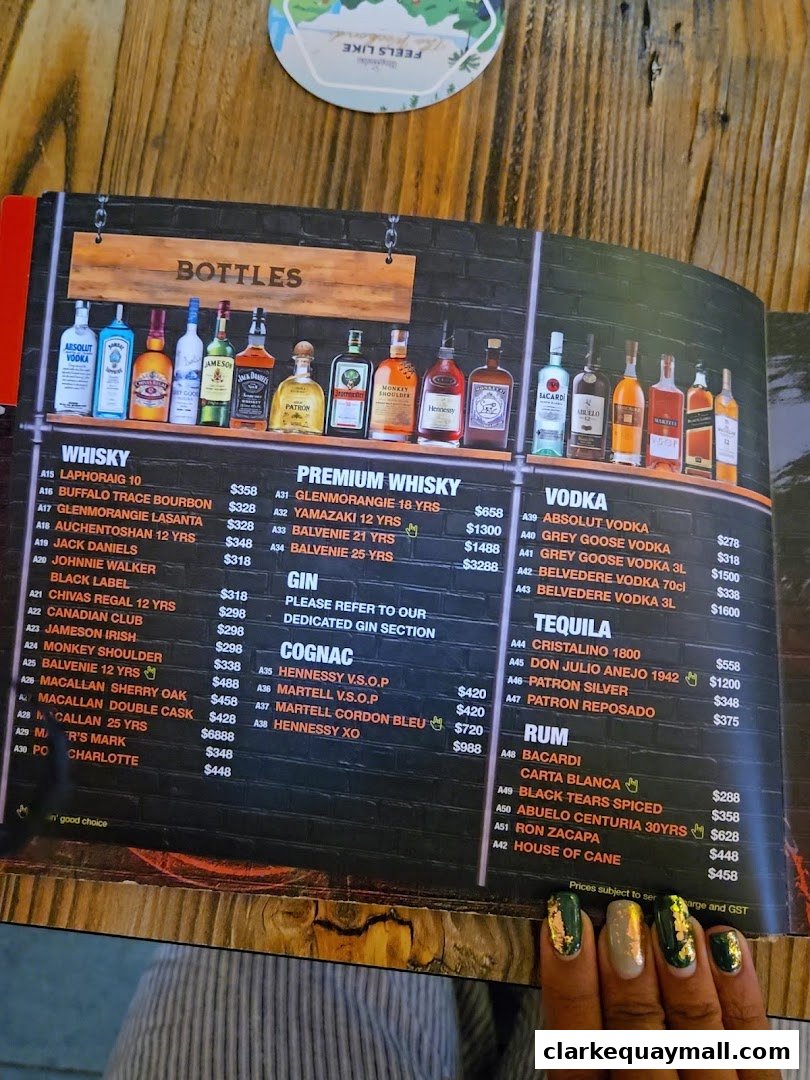 A menu featuring a selection of premium spirits including whisky, vodka, gin, cognac, tequila, and rum.