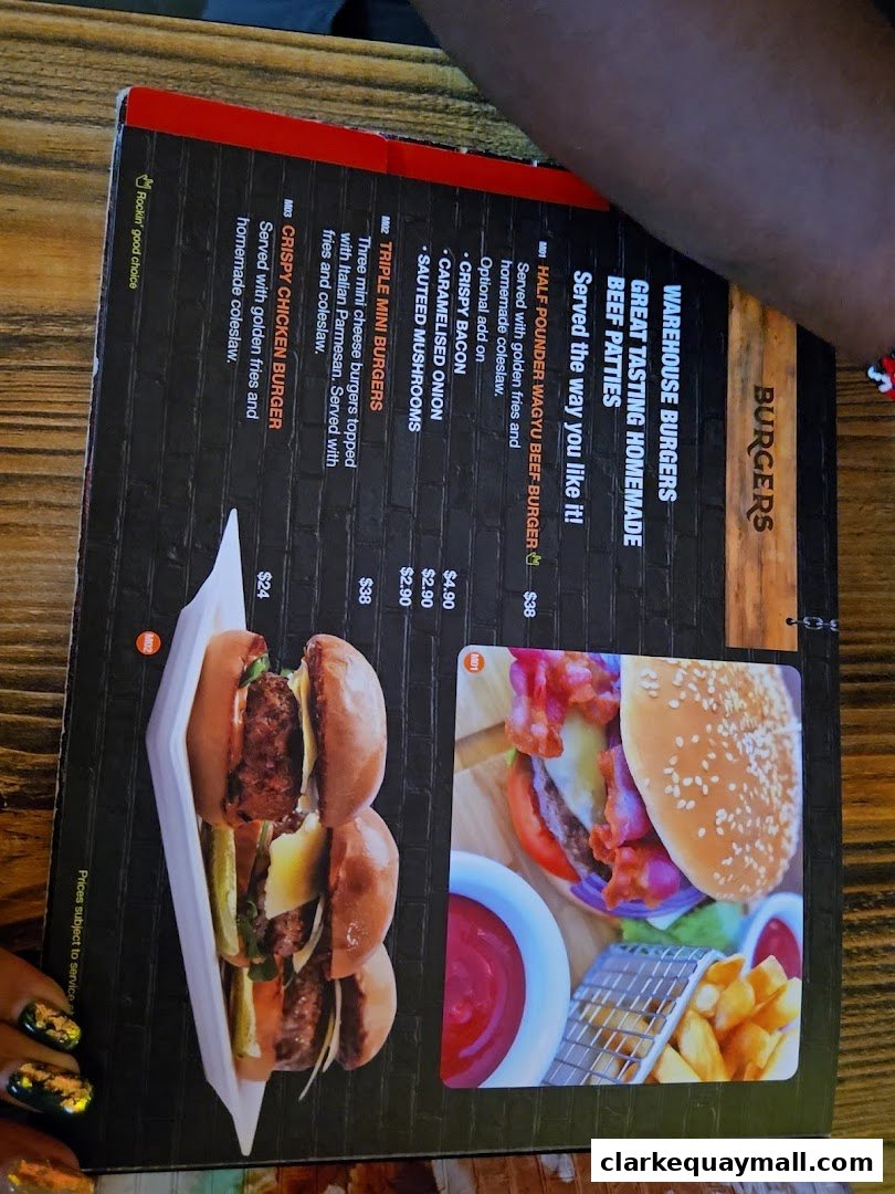 A menu featuring Warehouse Burgers with descriptions and prices, including photos of burgers and fries.