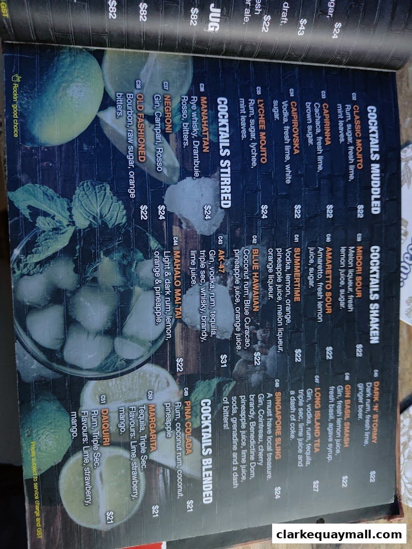 A menu page showcasing various cocktails with their ingredients and prices.