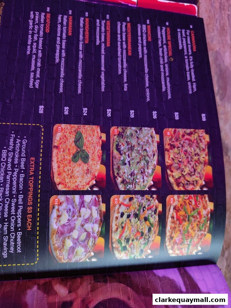 A menu featuring various pizzas with descriptions and prices, accompanied by images of the pizzas.