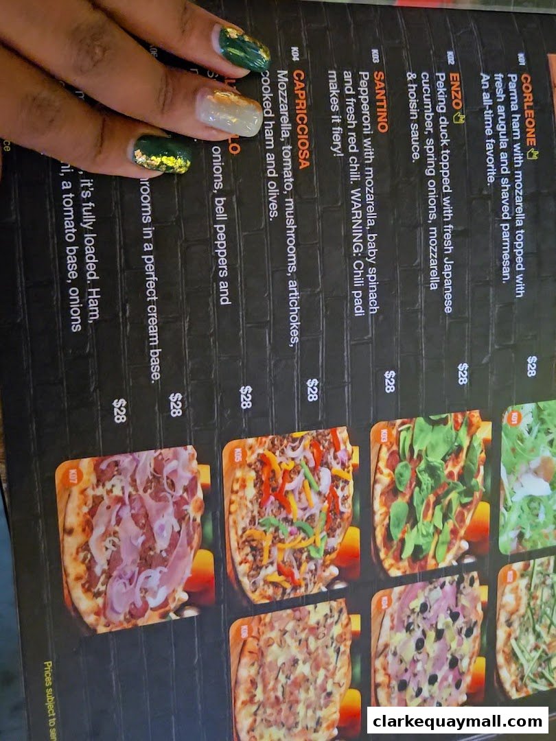 A menu featuring various pizzas with descriptions and prices, alongside images of the pizzas.