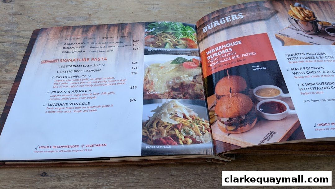 A menu featuring pasta dishes and burgers with accompanying images and prices.
