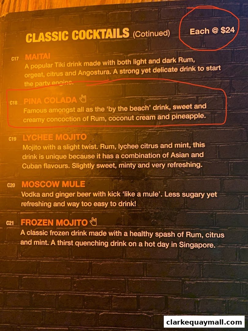 A menu section for classic cocktails with descriptions and prices.