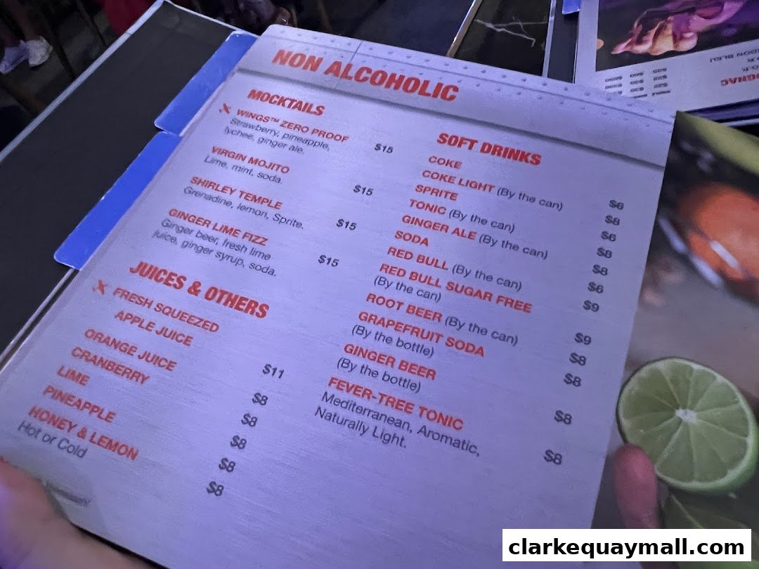A menu featuring non-alcoholic drinks, including mocktails, soft drinks, and juices.
