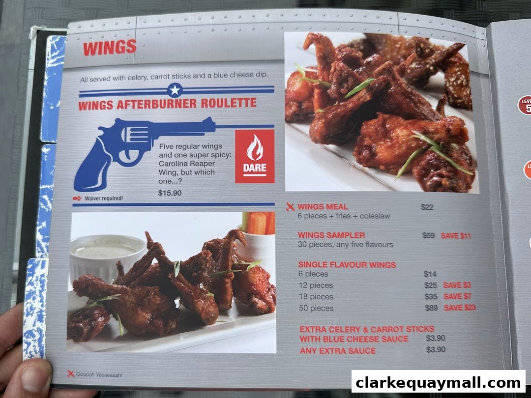 A menu page from Wings Bar & Grill featuring various wing options and meals.
