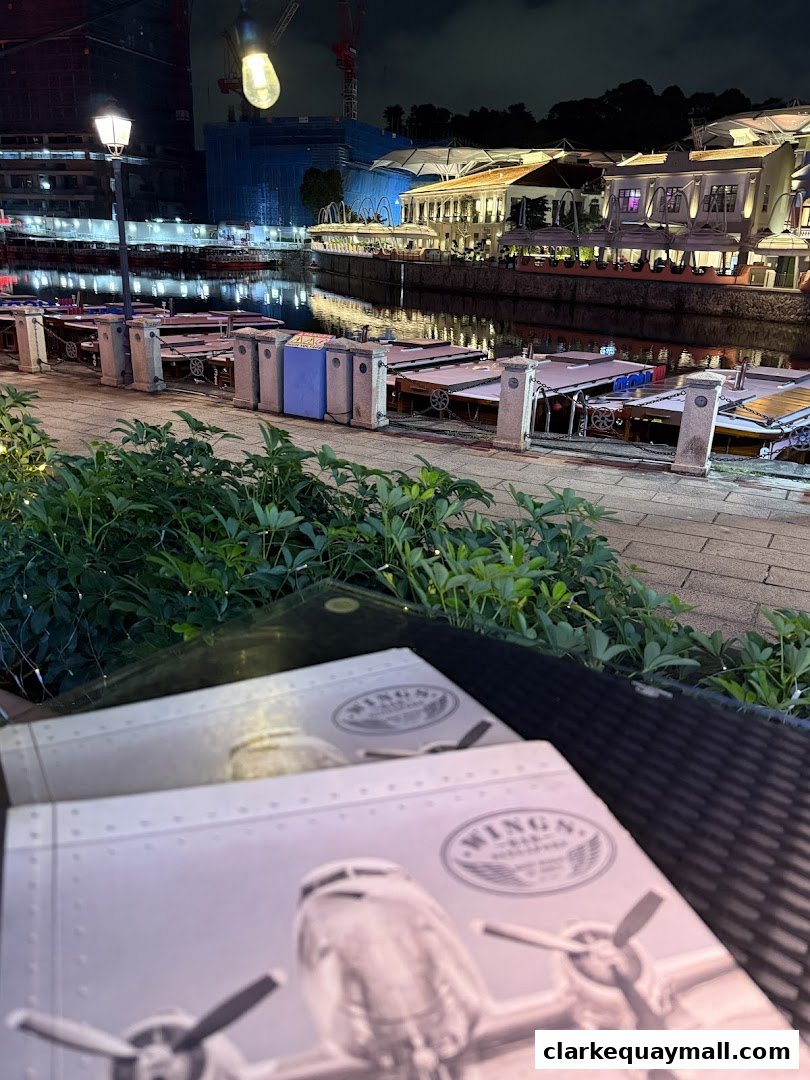 A nighttime view of a waterfront with a menu from Wings Bar & Grill in the foreground.