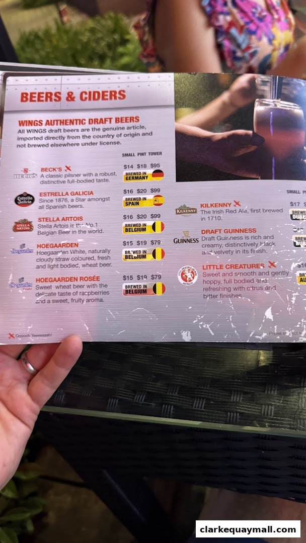 A menu featuring a selection of beers and ciders with prices and descriptions.