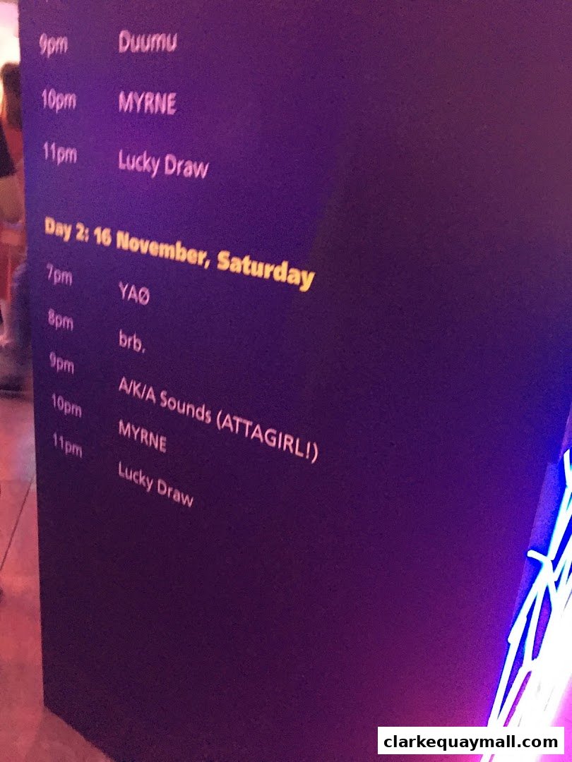 A schedule of events for Day 2, November 16th, featuring DJs and a lucky draw.