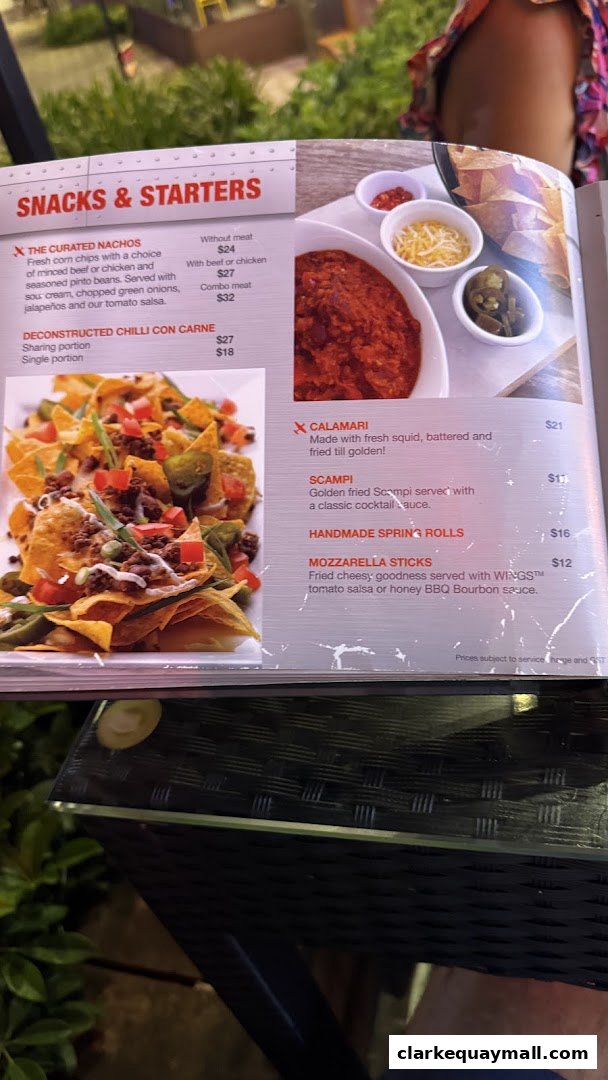 A menu page from Wings Bar & Grill featuring snacks and starters like nachos, calamari, and mozzarella sticks.