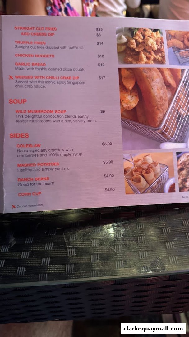 A menu from Wings Bar & Grill featuring fries, soup, and sides with prices.