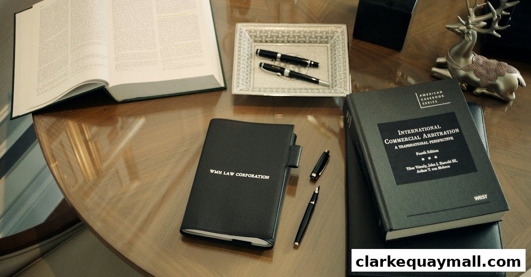 A desk with legal books, pens, and a planner from WMH Law Corporation.