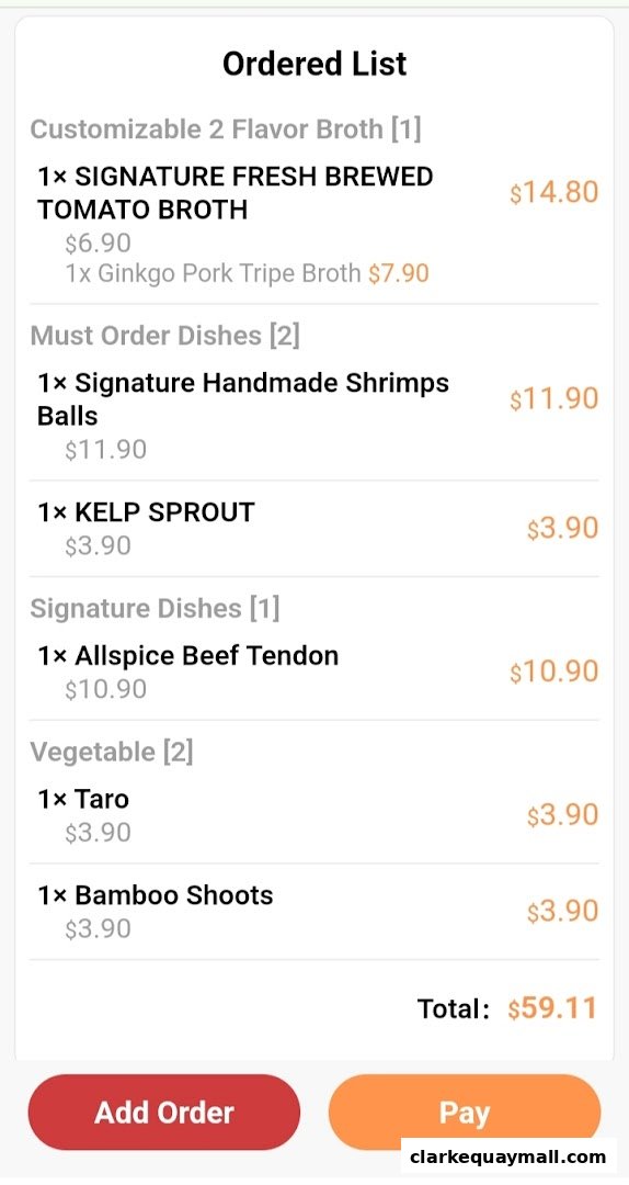 An ordered list of hot pot ingredients and broths with prices.