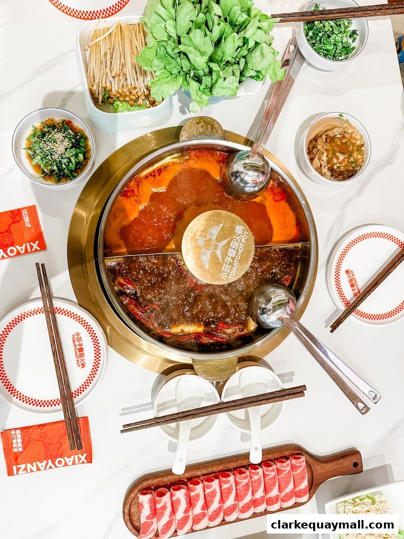 A top-down view of a split-pot tomato hot pot with various ingredients and dipping sauces.
