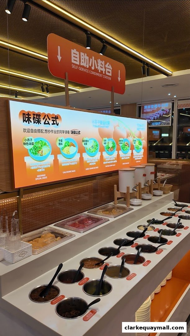 A self-service condiment station with various sauces and ingredients for hot pot.