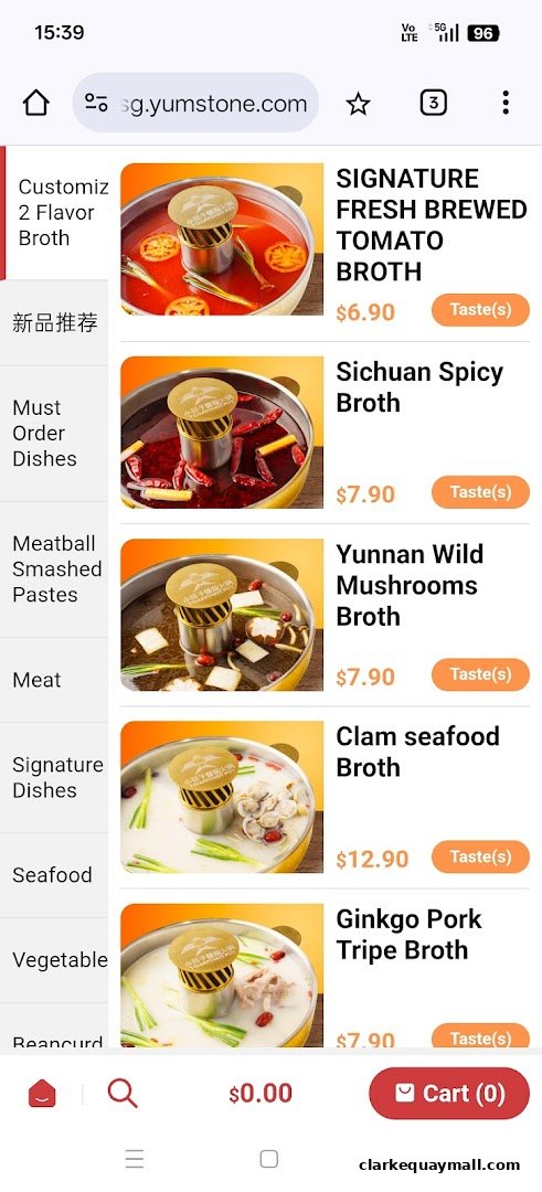 A screenshot of a mobile menu displaying various hot pot broths with images and prices.