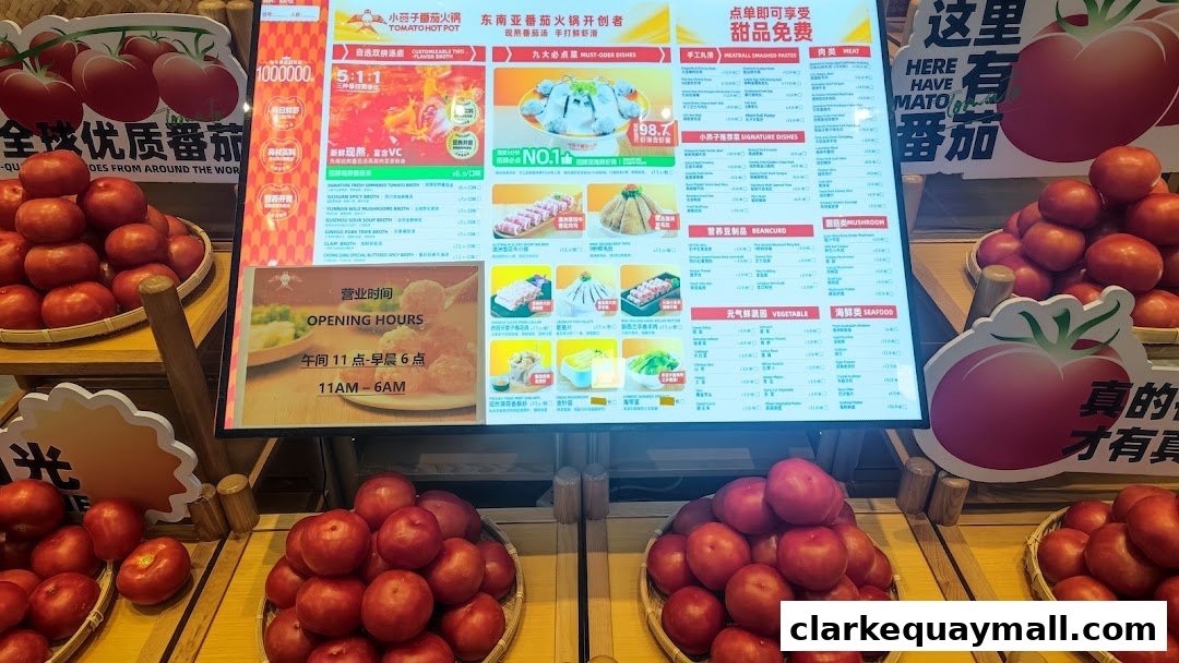 A digital menu board for XiaoYanZi Tomato Hot Pot, showcasing dishes and opening hours, surrounded by fresh tomatoes.