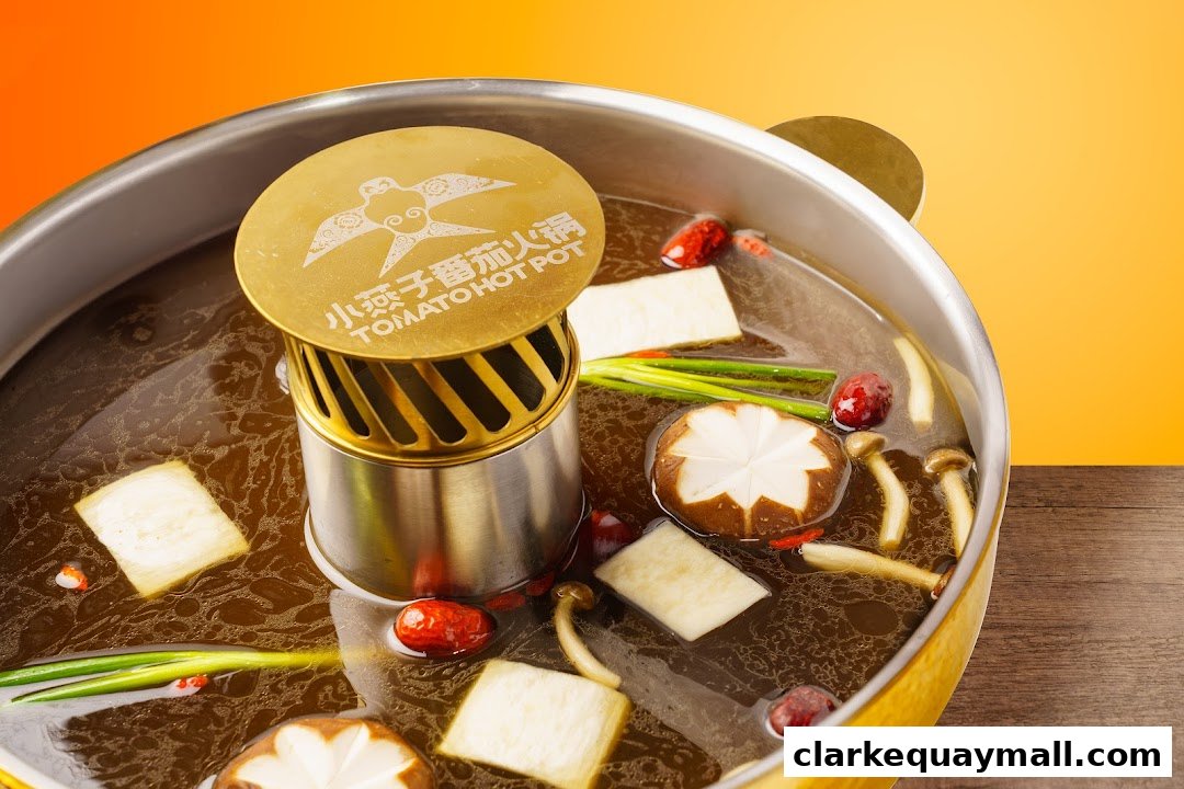 A close-up shot of a steaming pot of tomato hot pot with mushrooms, tofu, and goji berries.