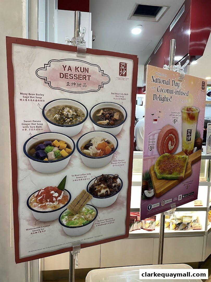 A display of Ya Kun Desserts, featuring various sweet soups and icy treats.