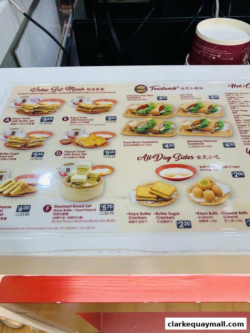A menu from Ya Kun Kaya Toast featuring set meals, toastwiches, and all-day sides.
