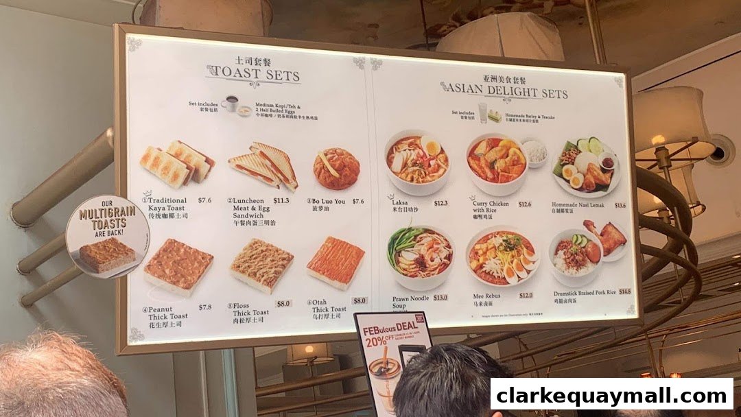 A menu board displaying various toast sets and Asian delight meals with prices.