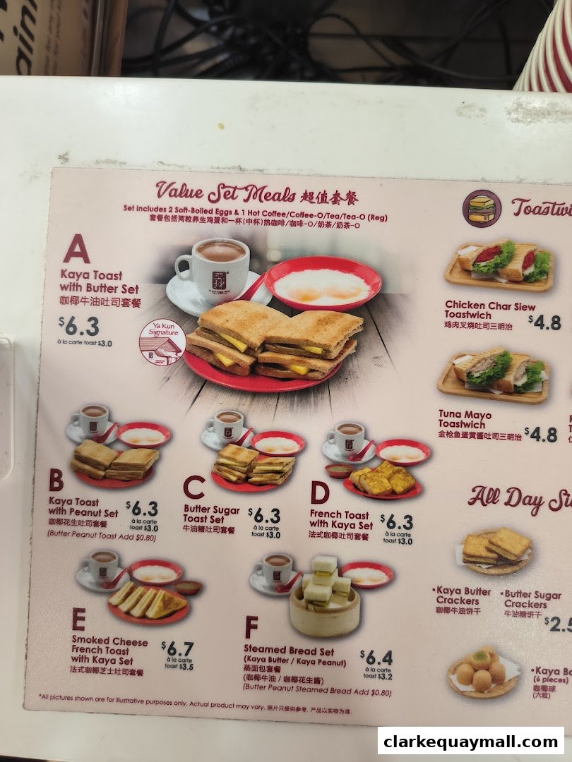 A menu from Ya Kun Kaya Toast featuring value set meals and various toast options.