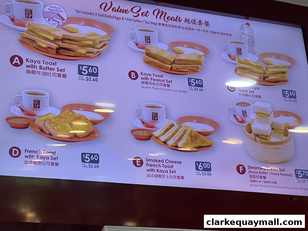 A menu board displaying various value set meals from Ya Kun Kaya Toast, featuring different toast and coffee combinations.