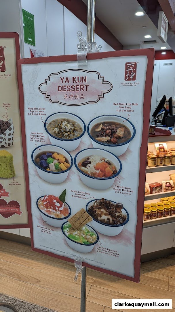 A menu board displaying various Ya Kun desserts with appetizing images and descriptions.