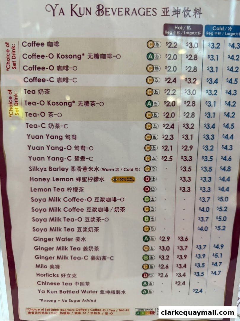 A menu from Ya Kun Kaya Toast listing various beverages with prices for regular and large sizes.