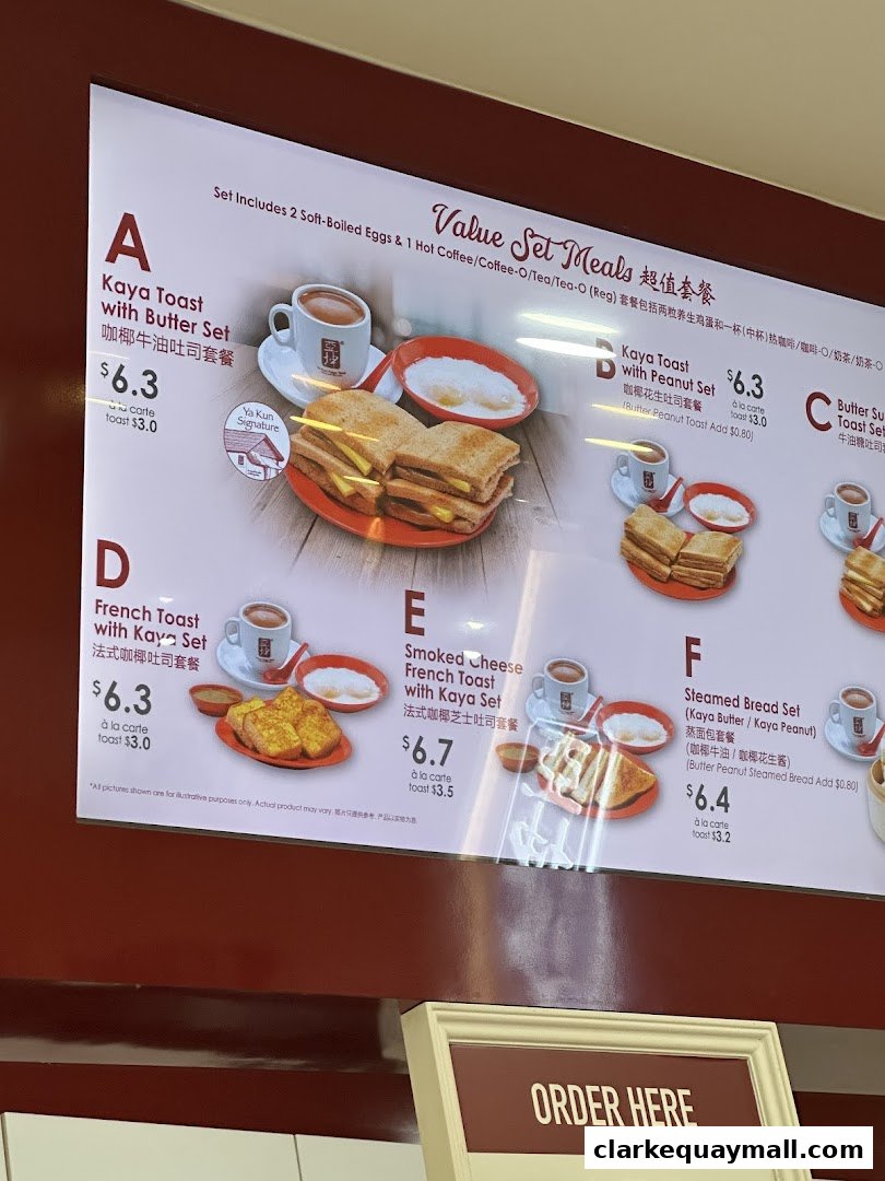 A menu board displaying various value set meals from Ya Kun Kaya Toast.