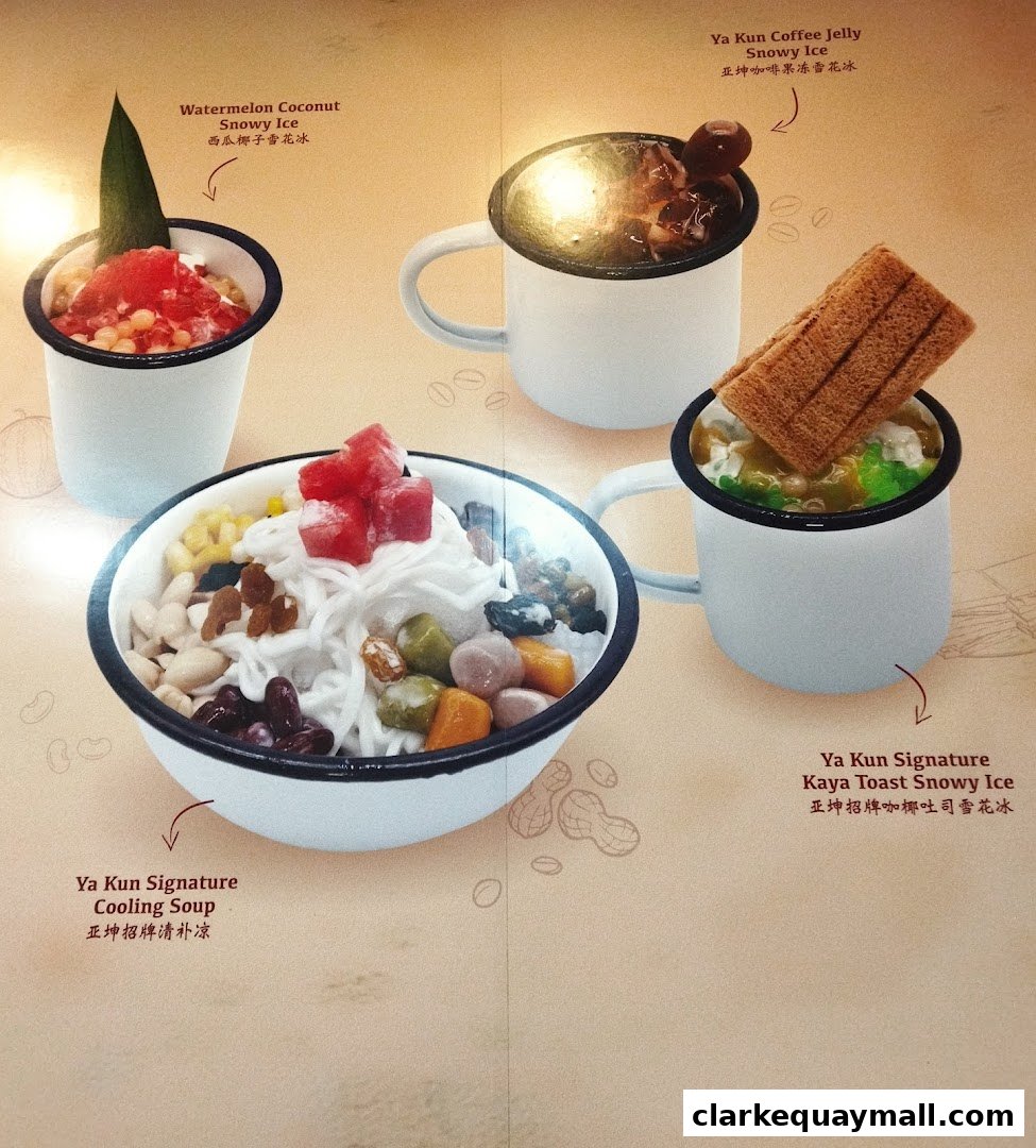 A display of colorful and refreshing dessert bowls and drinks from Ya Kun Kaya Toast.